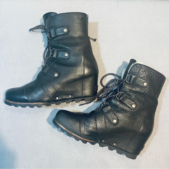 Sorel Joan of Arctic Wedge Mid Shearling Boot Black Ancient Fossil Size 10 - Picture 10 of 14